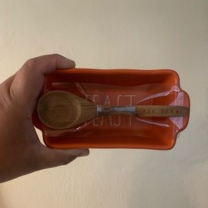 Rae Dunn mini ceramic loaf dish with wooden spoon